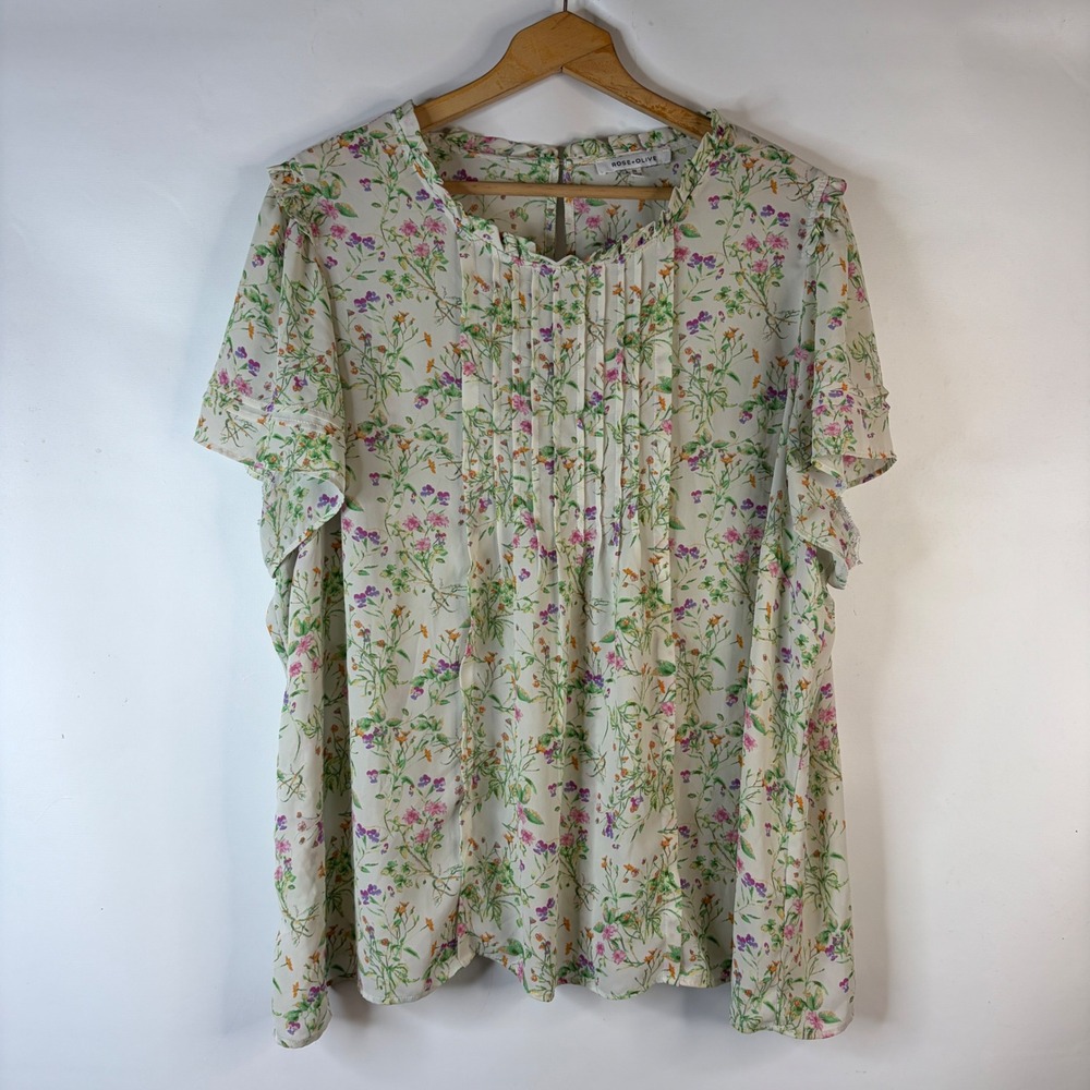 Rose + Olive Blouse Womens 3X Cream Floral Flutter Sleeve Pleated Front